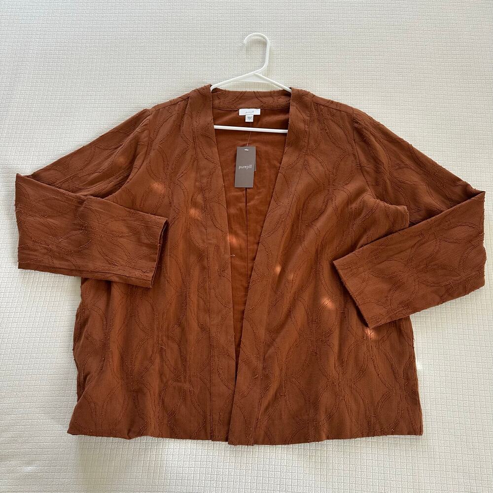 J. Jill Textured Open Front Cardigan Brown Cardamom 100% Cotton NWT US L